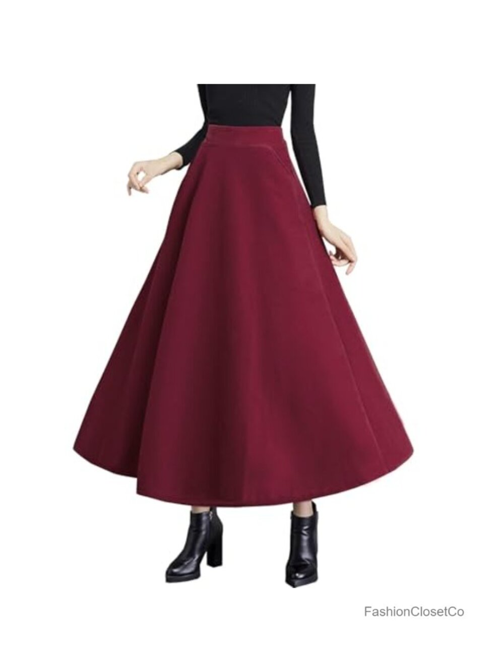 Wool Blend Plaid Maxi A-Line Skirt High Waist Flared Long Skirt with Pockets